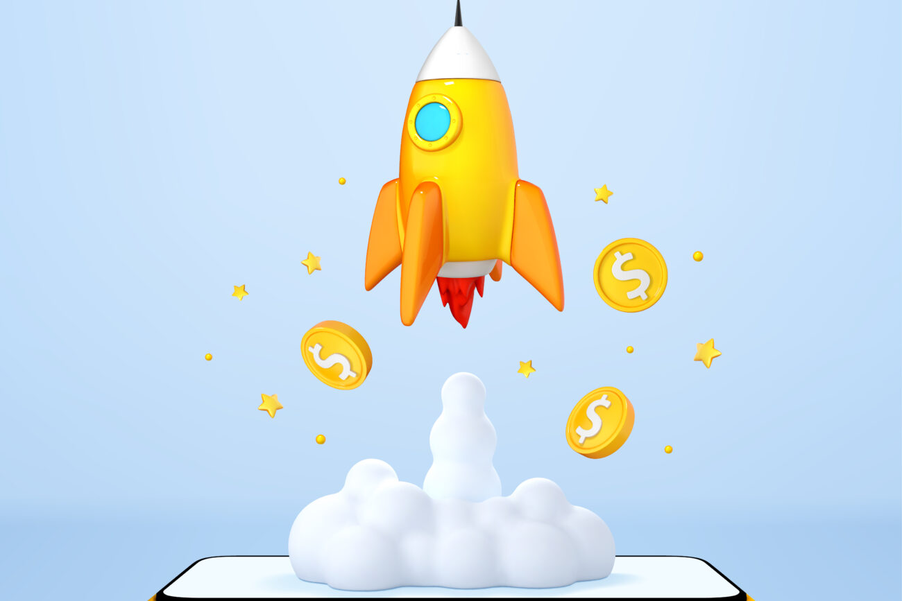 Rocket launching from smartphone with dollar coins. Business start-up concept. Vector 3d illustration
