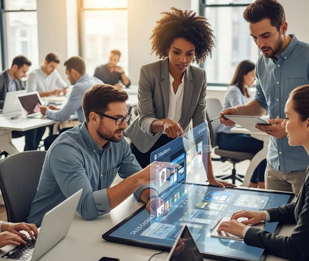 Sales professionals collaborating on high-converting cadences in a modern office