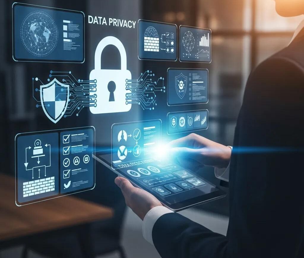 Secure digital environment with lock symbol representing data protection and compliance