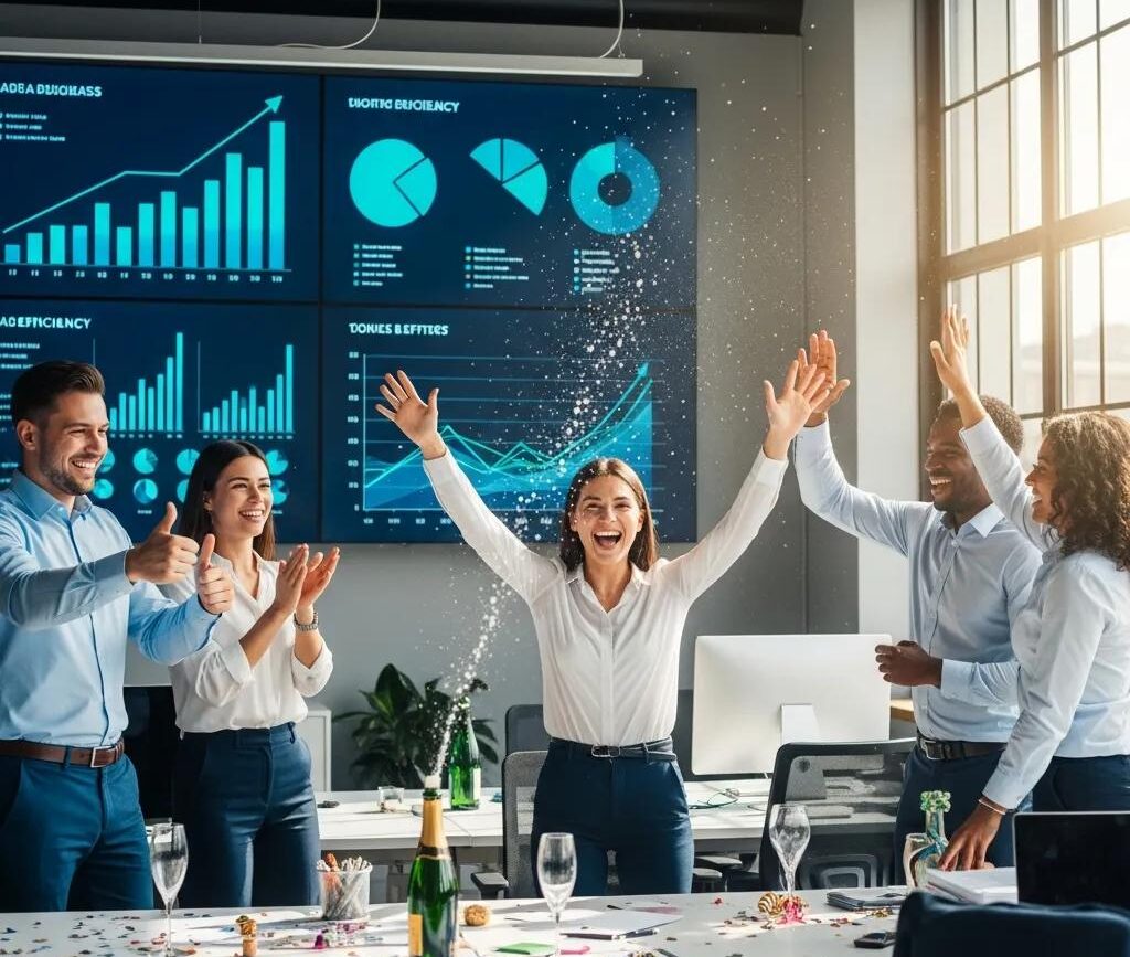 Business team celebrating success, illustrating the benefits of AI in lead generation