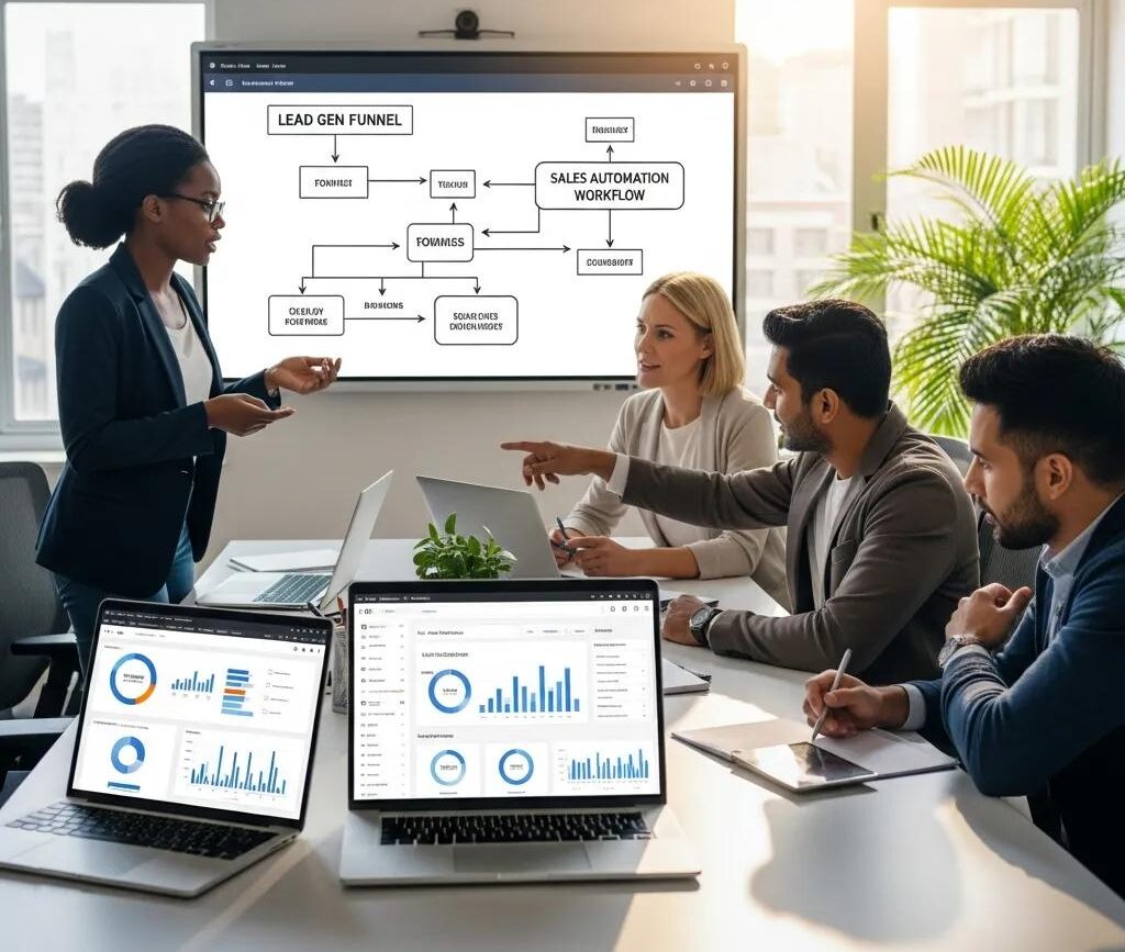 Diverse professionals collaborating in a modern office, emphasizing teamwork in lead generation