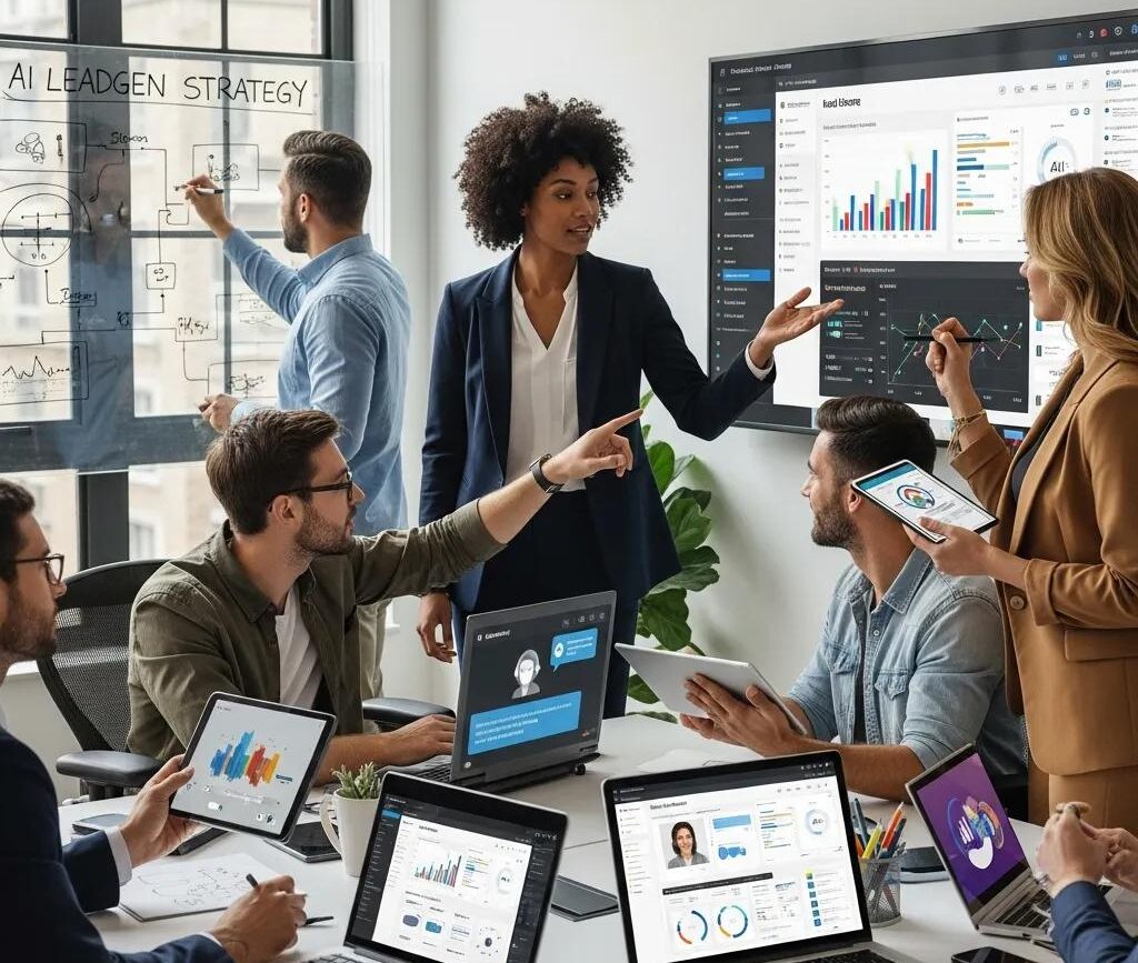Diverse professionals collaborating in a modern office, representing AI-powered lead generation