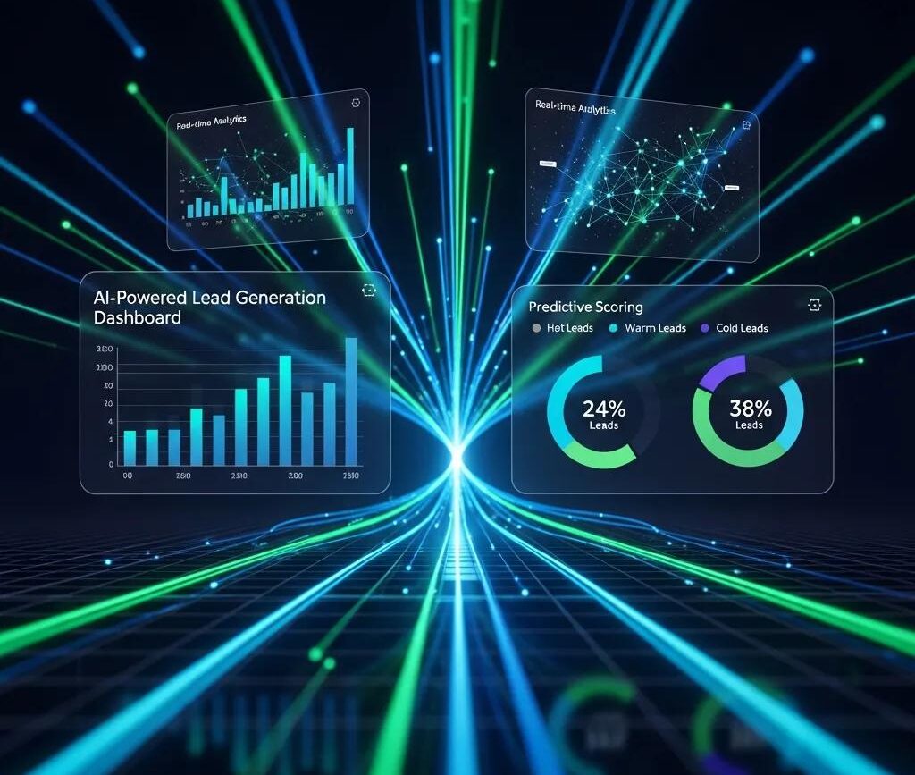 Futuristic digital interface illustrating AI algorithms and data analytics for lead scoring