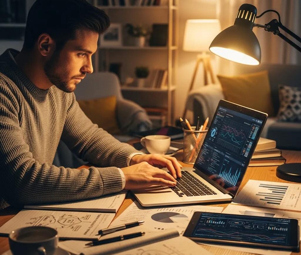 Professional analyzing data in a cozy workspace, highlighting effective implementation strategies for AI lead generation